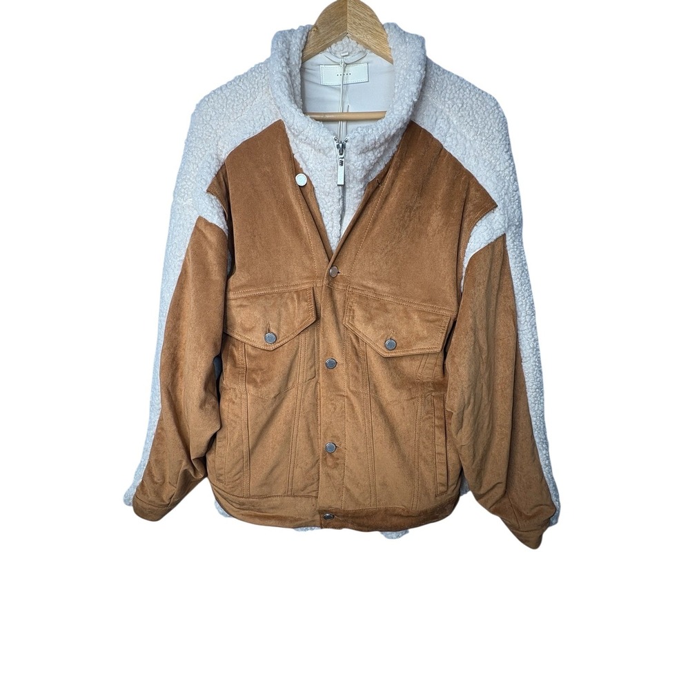 BLANKNYC Faux Suede Sherpa Jacket Womens Large Brown Cream‎ Mixed Media Zip NWT - Picture 6 of 16